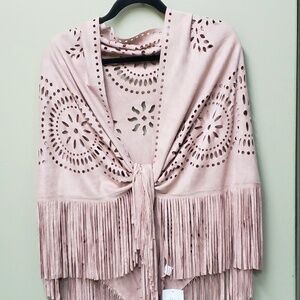 Shawl Wrap Solid Pink Colour OS Fringe Faux Suede Poncho